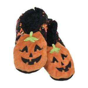 Womens Plush Orange & Black Flip Sequin Halloween Pumpkin Slippers M/L (8-10)